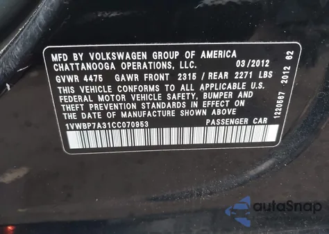 2012 Volkswagen Passat 2.5L Se z USA, uszkodzony, nr VIN 1VWBP7A31CC070953